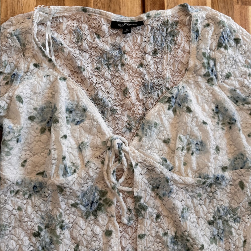 Cottagecore Floral Lace Tie Front Top Ditsy Blue Long Sleeve Sweetheart‎ Medium - Picture 3 of 10